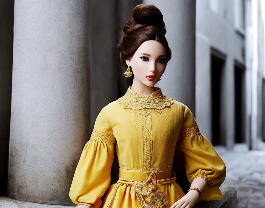 Brunette Doll in Yellow Vintage Dress with Updo Hair by Grey Columns