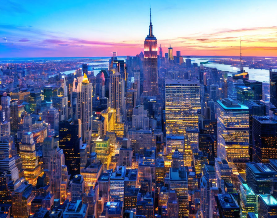 Twilight cityscape with illuminated skyscrapers and Empire State Building at sunset