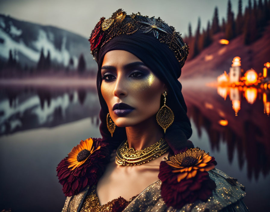 Woman with dramatic makeup and turban posing by serene lake at dusk