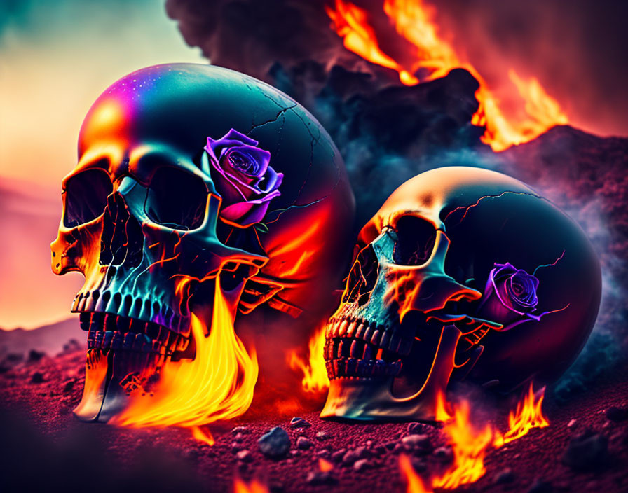 Artistic skulls with roses engulfed in flames on volcanic backdrop