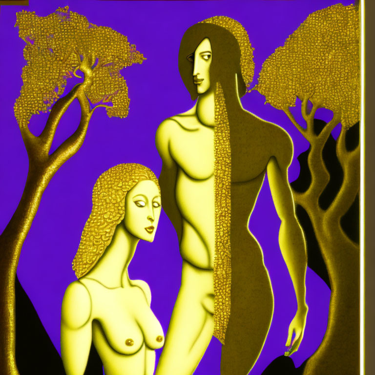 Golden stylized figures of elongated women on purple background with abstract trees