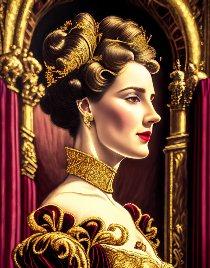 Regal woman with golden hairdo against crimson curtain and ornate arch