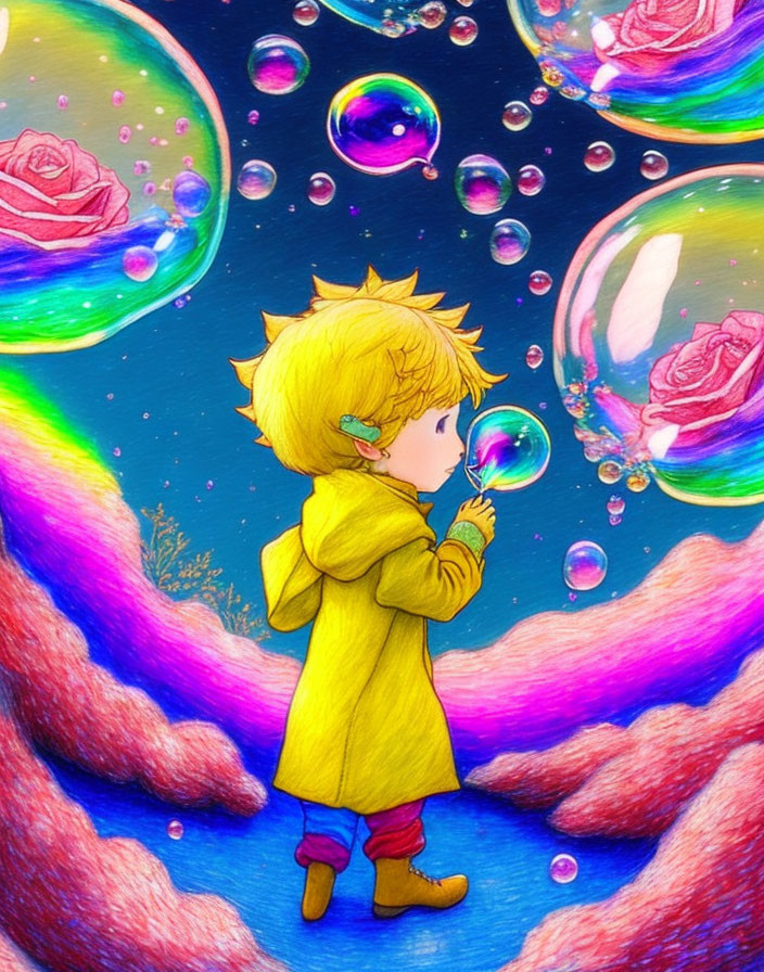 Child with spiky blonde hair blowing bubbles in rose-filled scenery