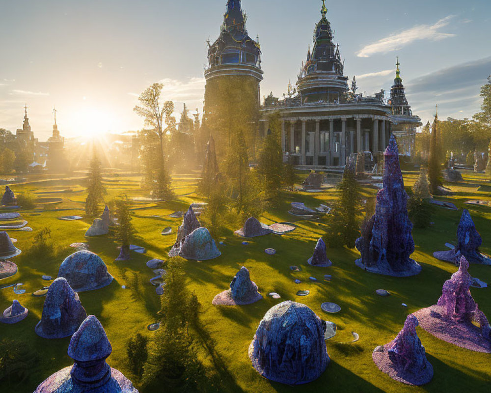 Fantasy palace at sunset with mystical garden and purple foliage