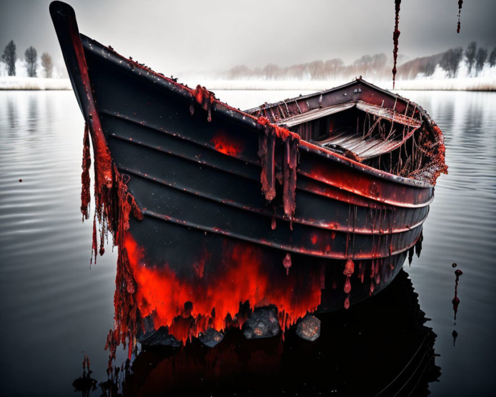 Rusted boat with red algae in foggy, tree-lined setting