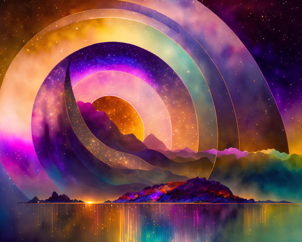 Colorful digital art: concentric circles in space over mountain landscape