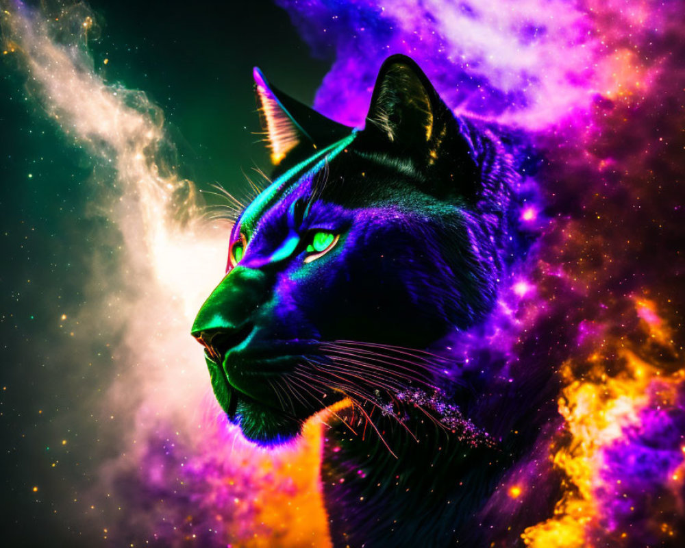 Digital Artwork: Black Cat with Green Eyes in Cosmic Nebulae