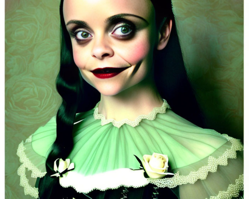 Pale-skinned woman in gothic style with dark makeup and Victorian green dress