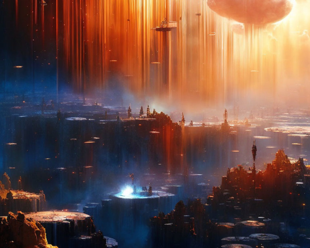 Futuristic sci-fi landscape with floating islands and light beams