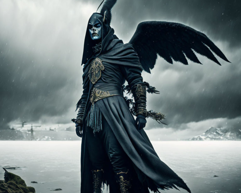 Menacing figure in black costume with wings and horned mask in stormy snowy landscape