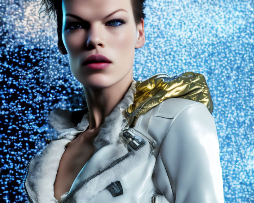 Dark-haired person in white and gold jacket with bold makeup on blue abstract backdrop