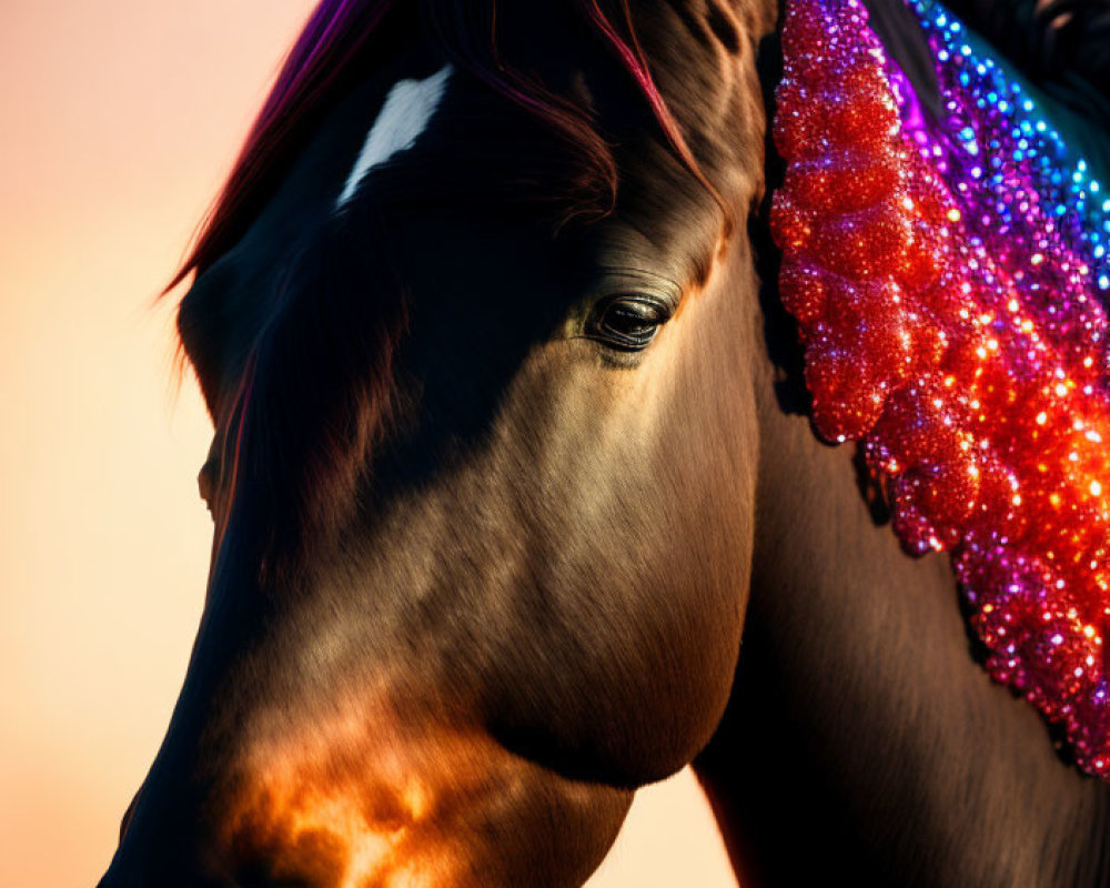 Close-up Horse with Shiny Multicolored Mane at Sunset