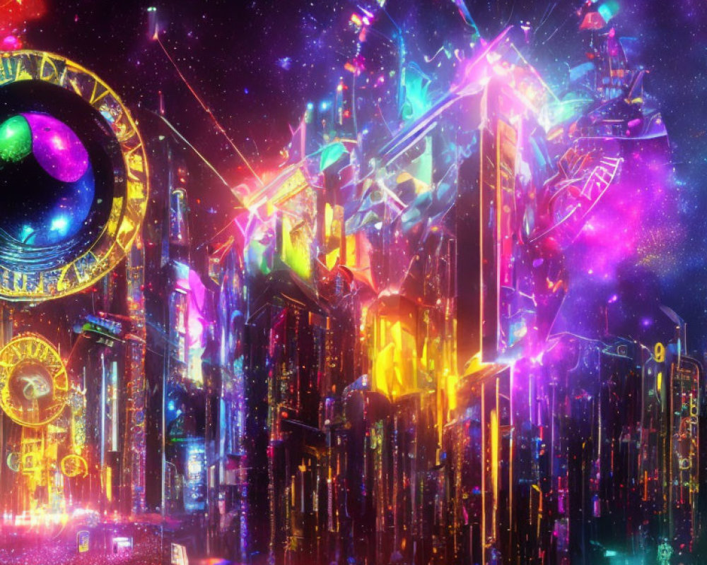 Neon-lit futuristic cityscape at night with glowing buildings and dazzling roller coaster