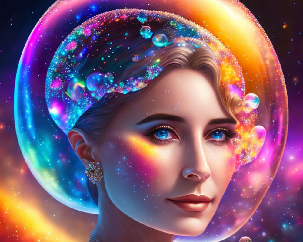 Cosmic-themed portrait of a woman with nebulae and stars halo