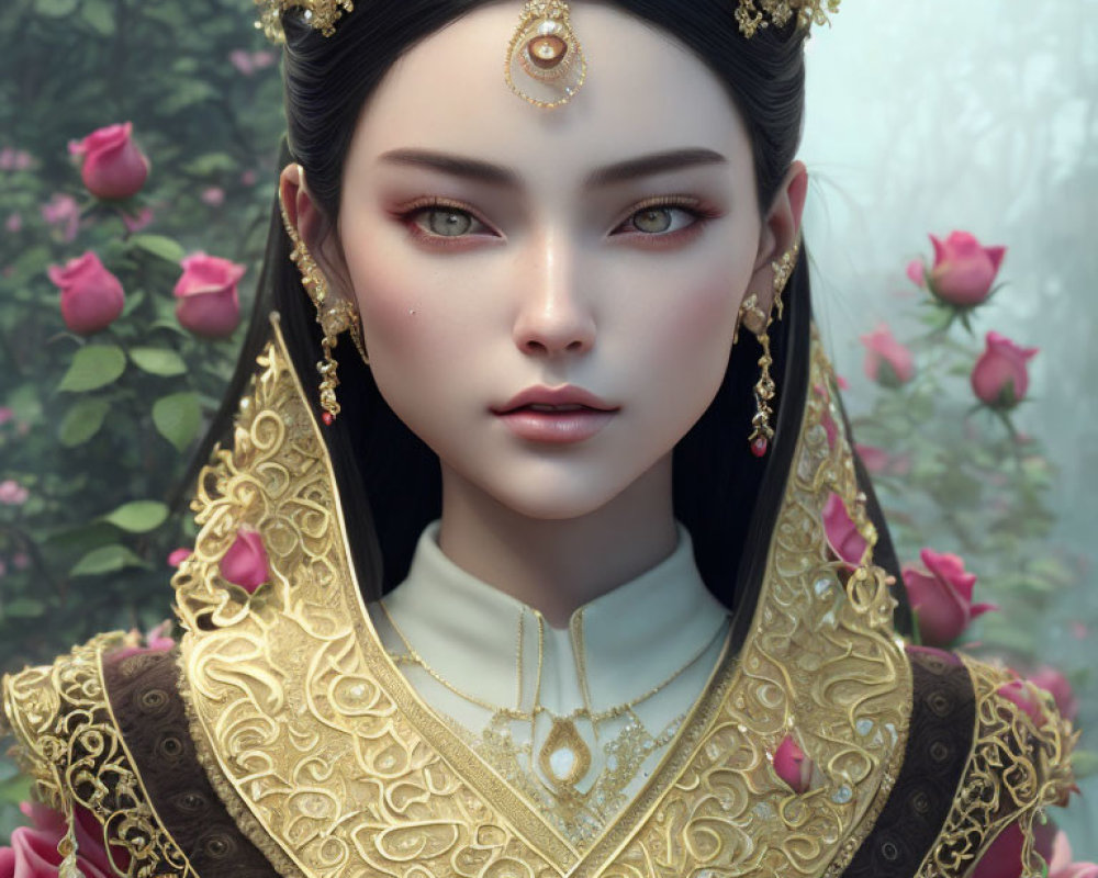 Digital portrait of woman in East Asian royal attire with roses, gold jewelry, and ornate headdress