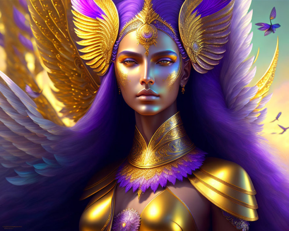 Fantasy portrait featuring woman with purple skin, golden armor, feathered wings, and butterflies on colorful