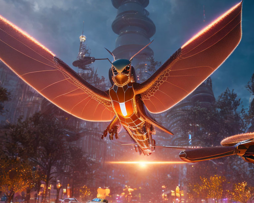 Futuristic robotic hummingbird in neon-lit cityscape at dusk