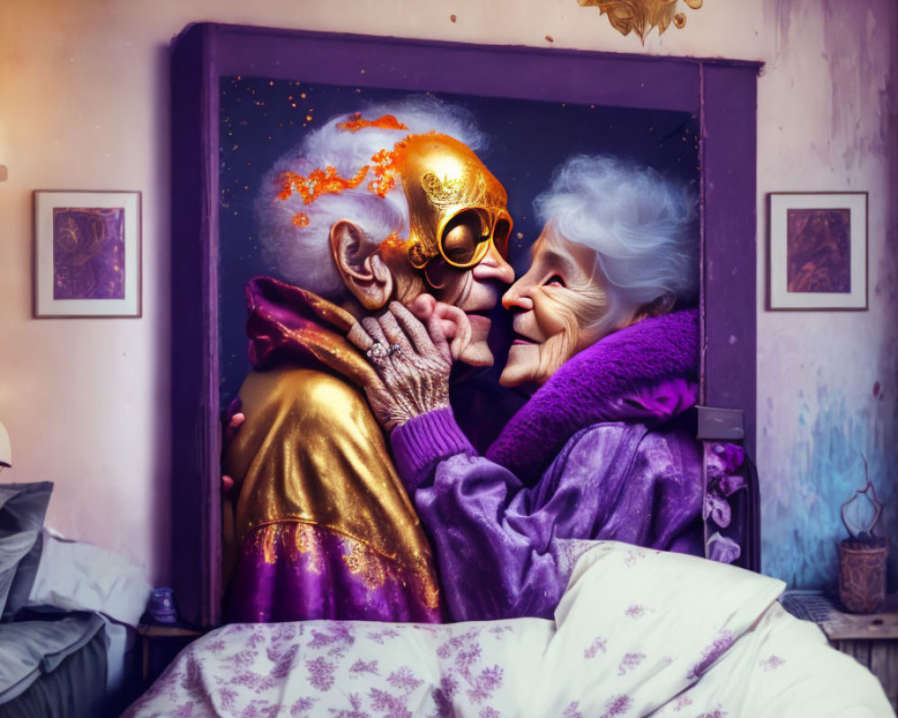 Elderly couple in vibrant costumes sharing a tender kiss among cosmic decor