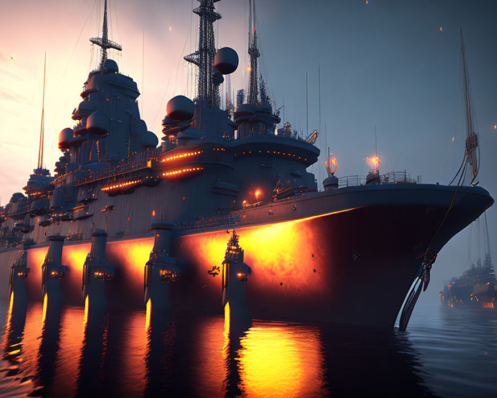 Illuminated Battleships at Dusk Reflecting Lights on Tranquil Waters