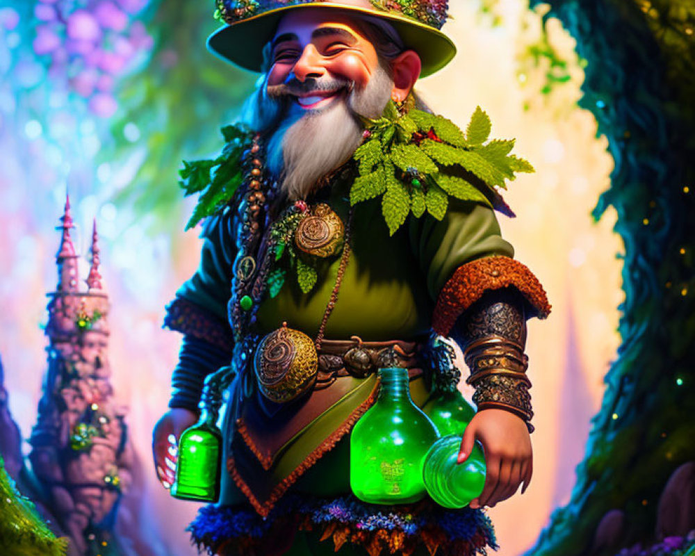 Fantasy dwarf character with lantern in enchanted forest