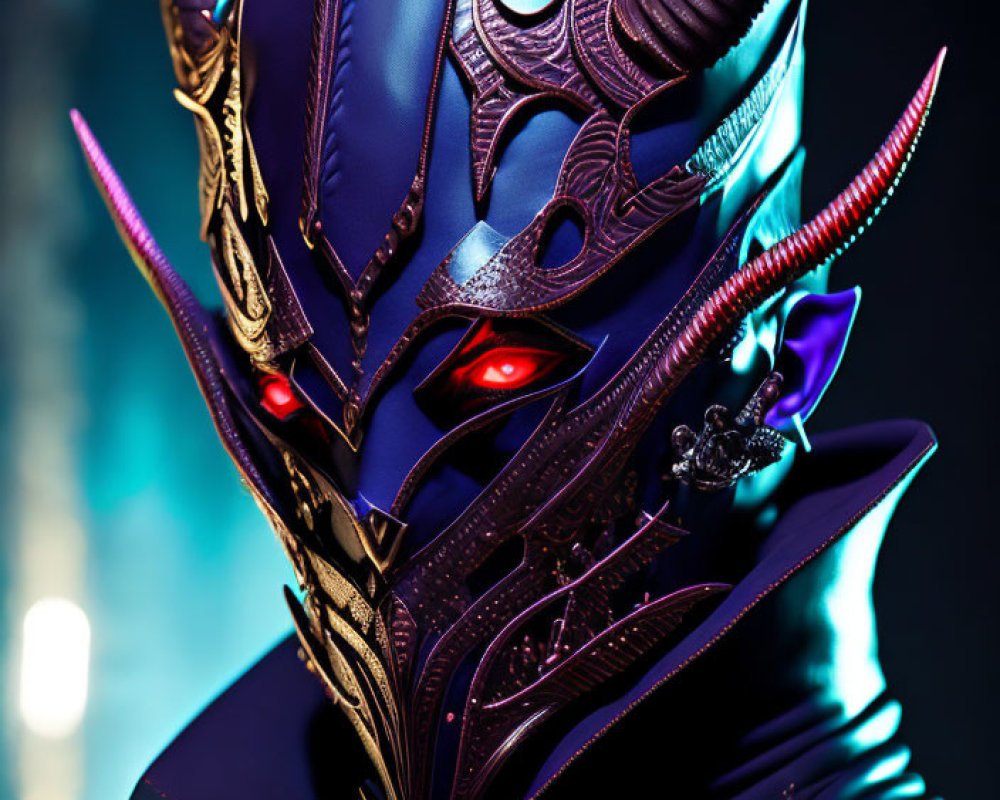 Intricate Dark Purple and Gold Fantasy Costume Mask with Red Glowing Eyes