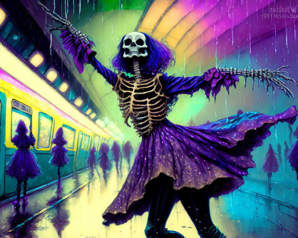 Skull-headed figure in cloak on vibrant rainy subway platform