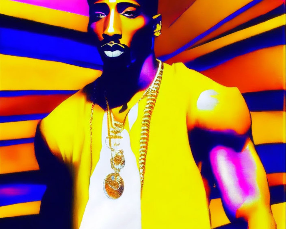 Colorful portrait of a man with mustache and beard in tank top and chains on vibrant background.