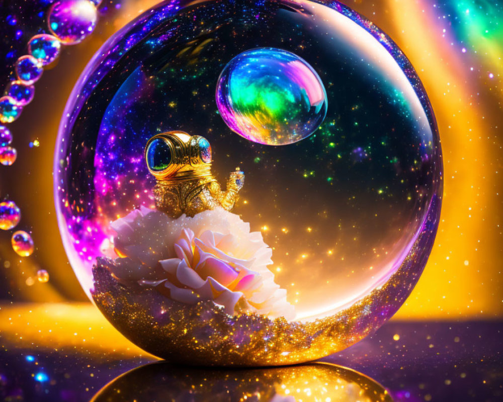 Fantasy scene with transparent sphere, white flower, astronaut, bubbles, and glitter.