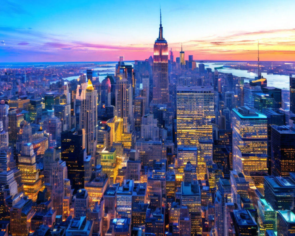 Twilight cityscape with illuminated skyscrapers and Empire State Building at sunset