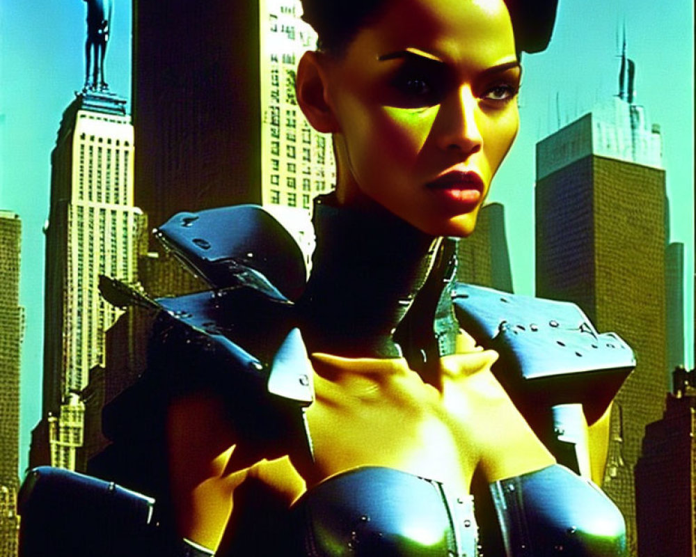 Futuristic armor-clad figure with skyscrapers and Statue of Liberty.