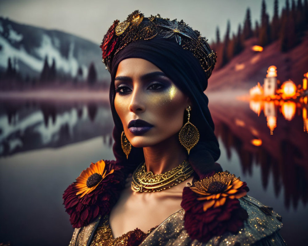 Woman with dramatic makeup and turban posing by serene lake at dusk