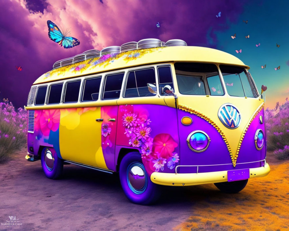 Vintage VW Bus with Floral Designs on Purple and Gold Background