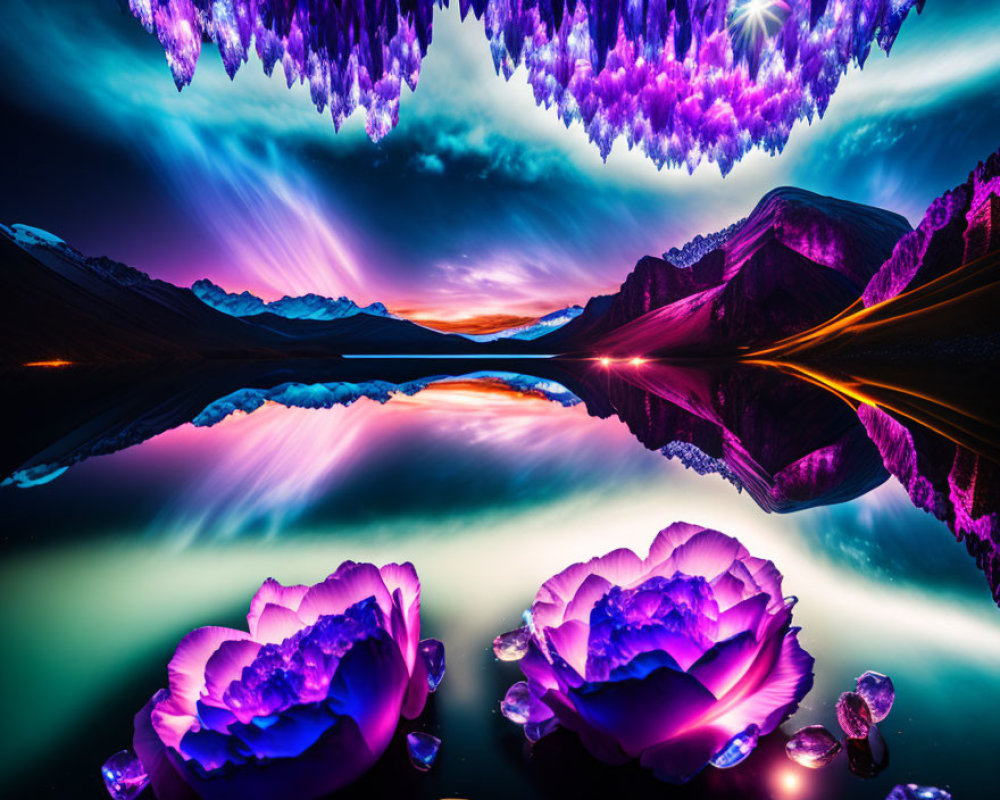 Digitally altered landscape with neon flowers, mirrored lake, amethyst-like stalactites, and colorful