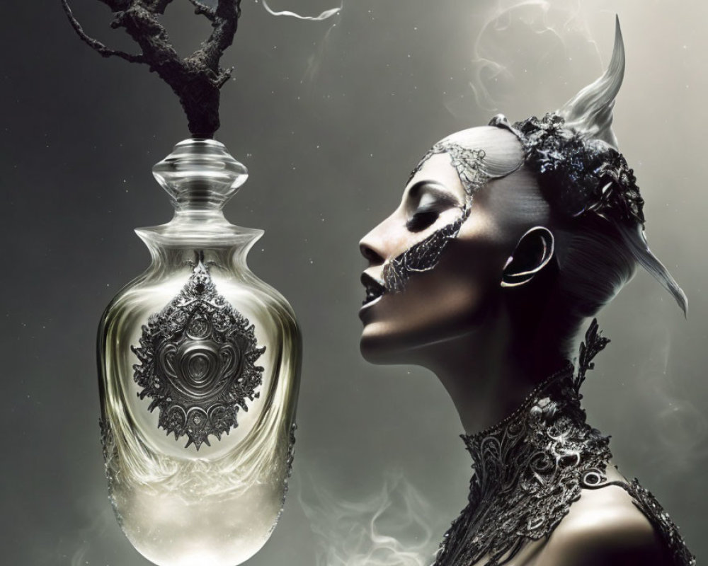 Surreal image of woman with avant-garde makeup and ornate bottle