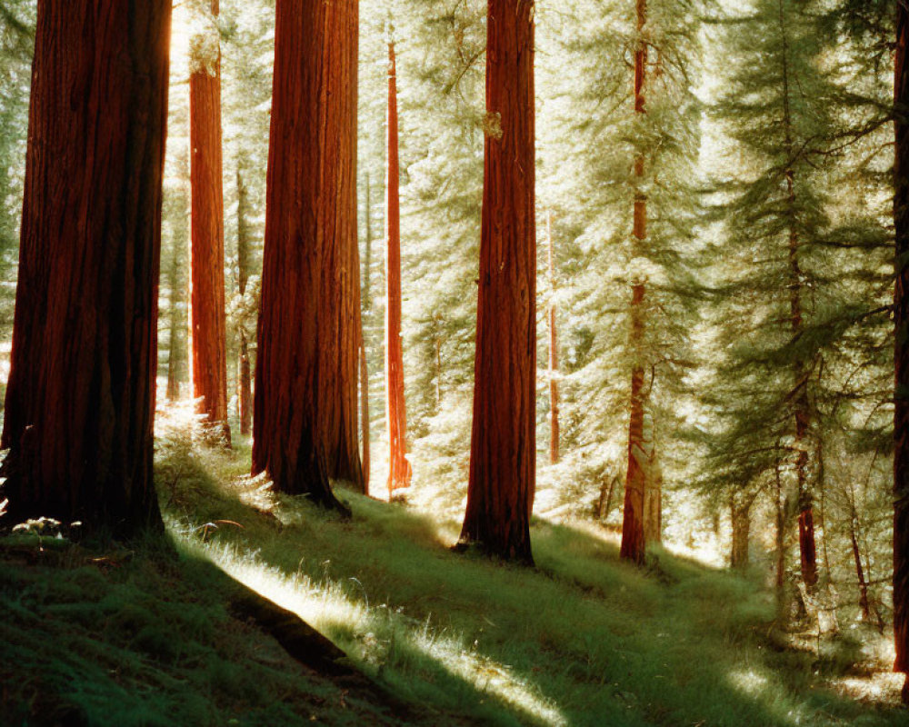 Serene forest with towering sequoia trees and green grass under sunlight