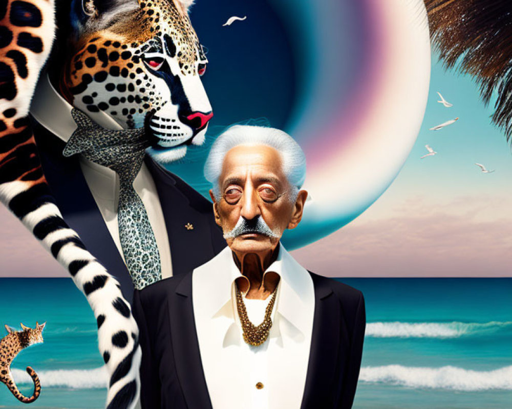 Surreal artwork: man with leopard head in tuxedo on beach