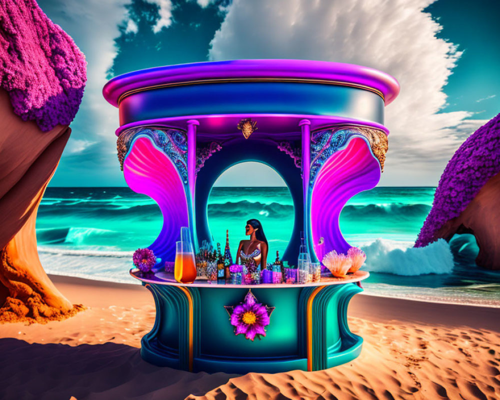 Surreal neon beach bar with oversized pink flora and ocean waves