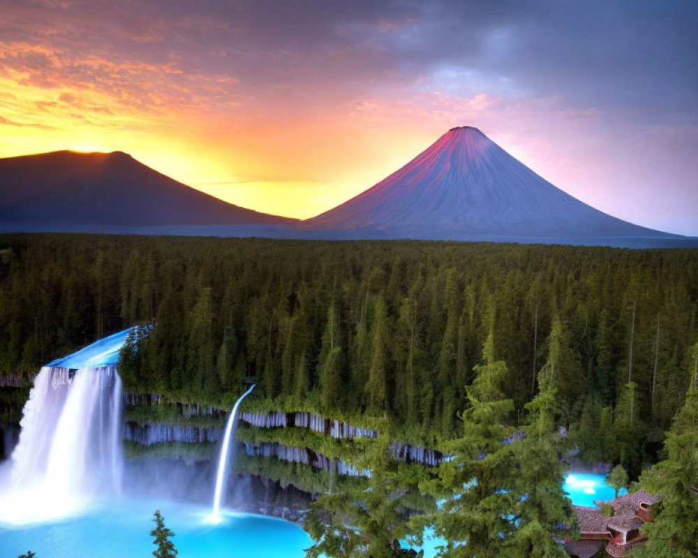 Symmetrical volcanic cone sunset view with cascading waterfall