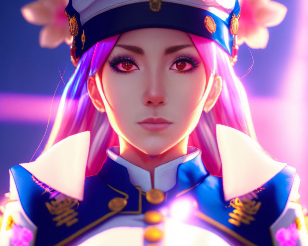 Marine Captain Character in 3D Render with Gold, Purple, and Pink Features