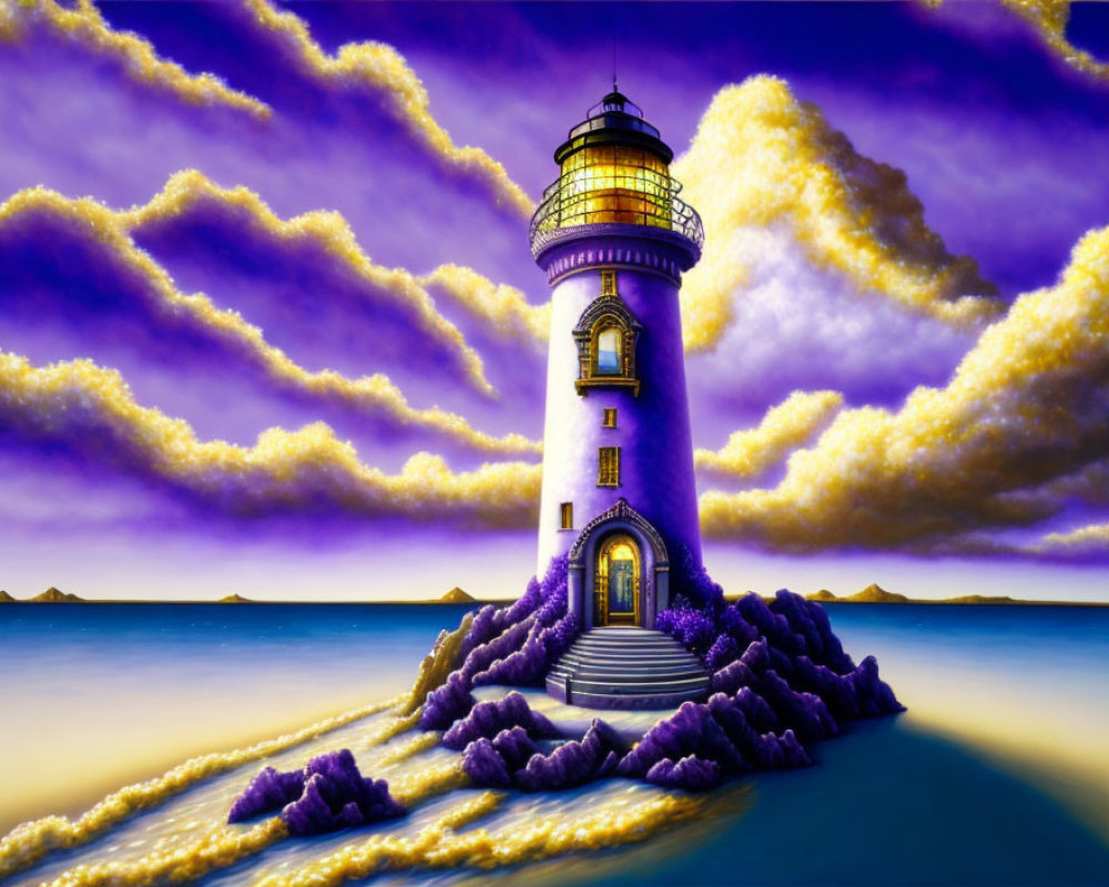 Surreal lighthouse on islet with glowing beacon in twilight landscape