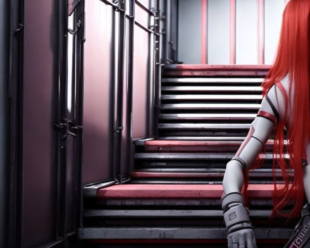 Red-Haired Figure in Futuristic Outfit on Metallic Stairway