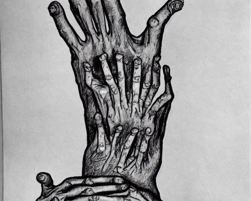 Detailed surreal graphite drawing of a multi-layered hand with disjoined fingers