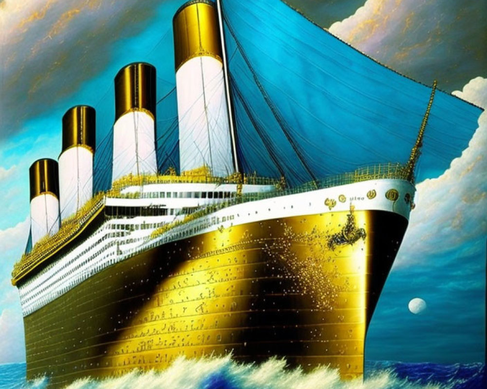 Colorful painting of iconic ocean liner with golden-yellow funnels against sky blue sea.