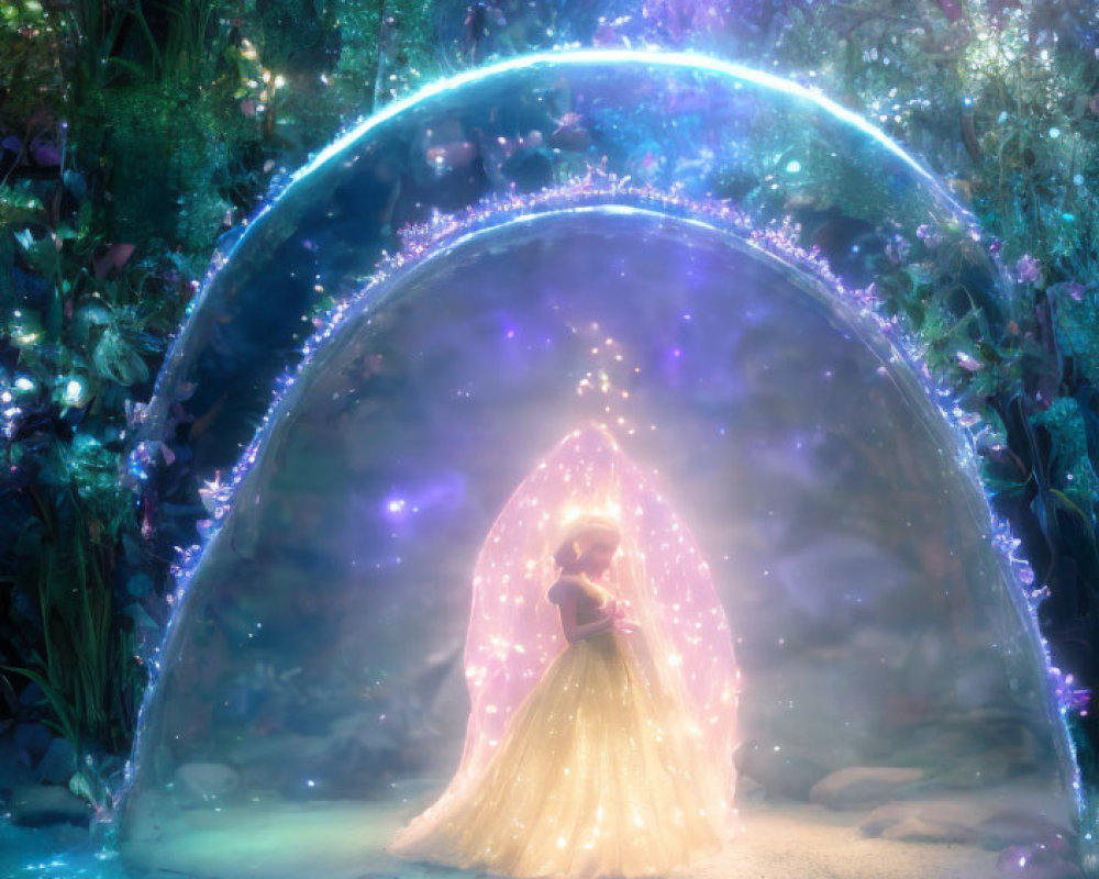 Figure in glowing yellow gown under illuminated floral archway in blue-lit forest.