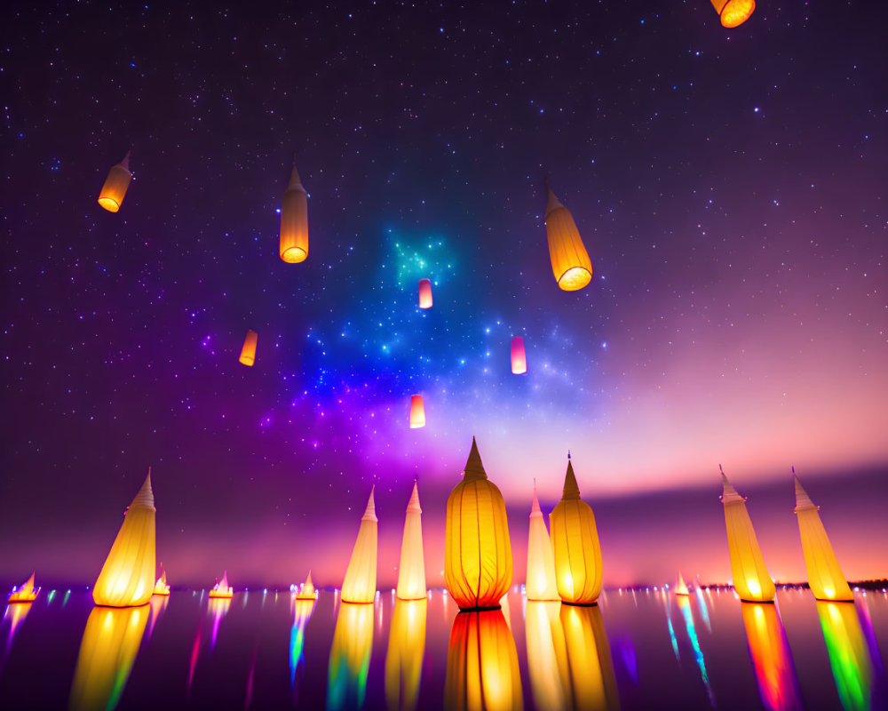 Tranquil water surface with floating lanterns under vibrant starry sky