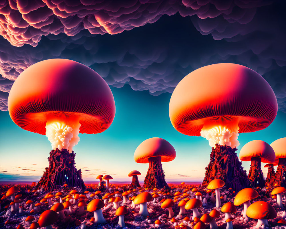 Surreal landscape: Giant mushroom structures under dramatic sunset sky