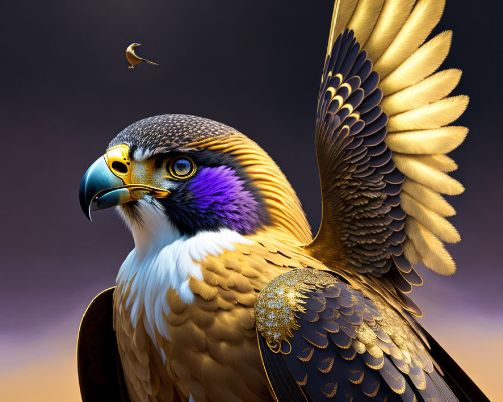 Detailed digital illustration of majestic eagle with vibrant feathers and sharp beak against dusky background.