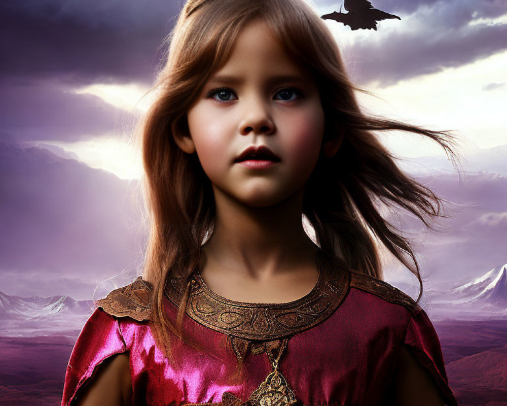 Young girl with blue eyes in red medieval dress under dramatic sky