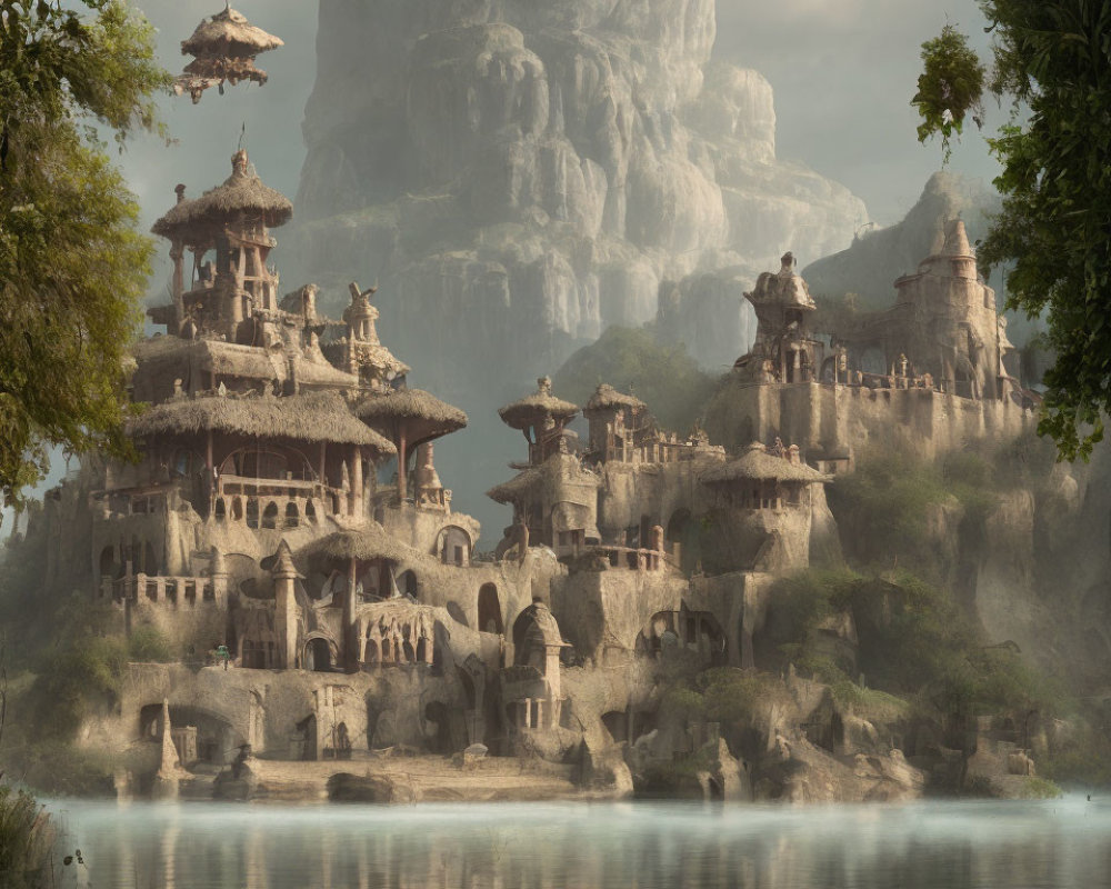 Misty waters, towering cliffs, and pagoda-style structures in a fantasy landscape