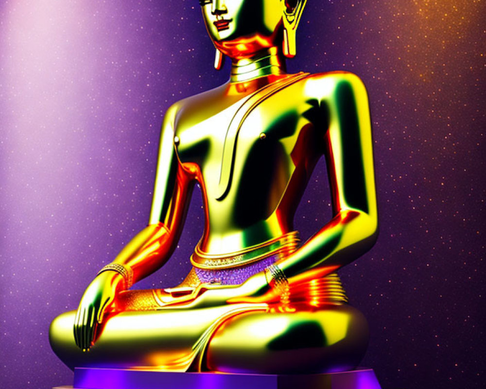 Golden Buddha Statue Meditating on Purple Cosmic Background